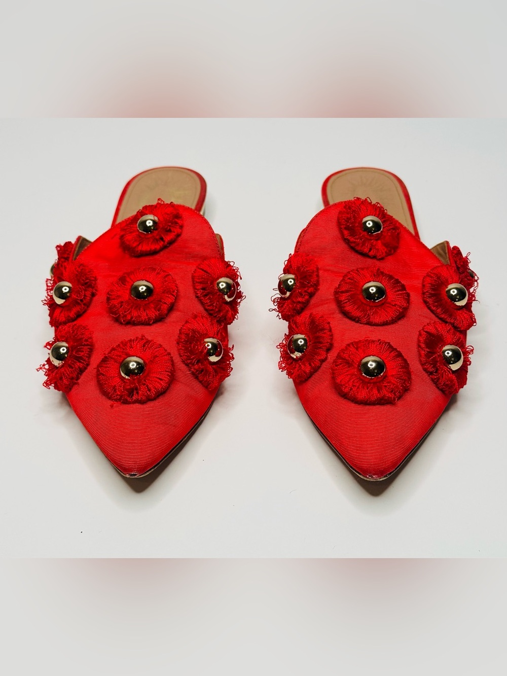 Aquazzura Sunflower Red Brocade Canvas Gold Embellished Slide Flats Mules Shoes - Picture 3 of 11